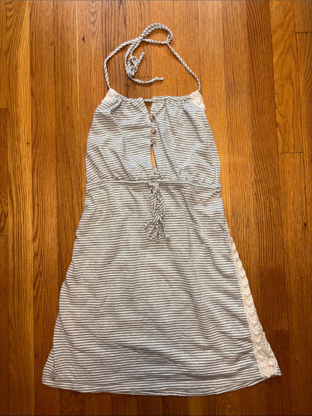 Striped Halter Sundress with Lace Trim - Light Gray
